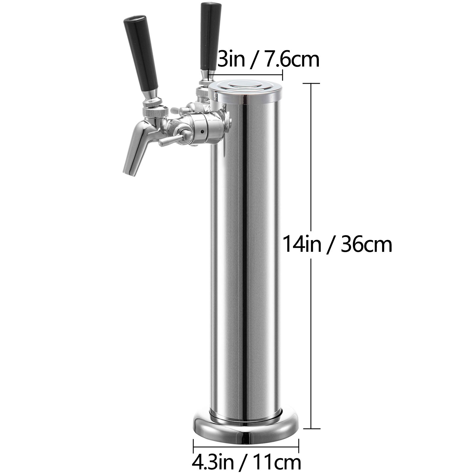 La torre de cerveza VEVOR cuenta con grifos dobles, acabado de acero y dimensiones etiquetadas como 14 pulgadas/36 cm de altura.