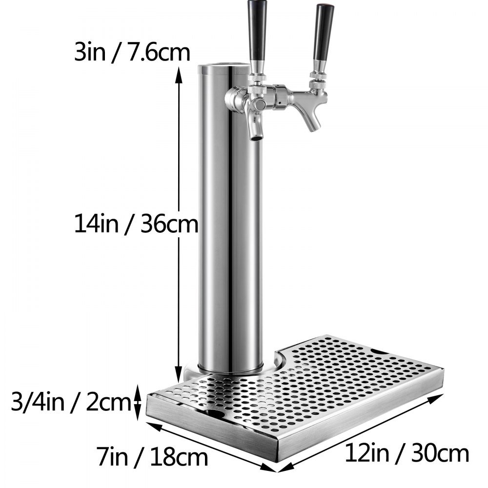 Torre de cerveza VEVOR, torre de barril de cerveza de barril con dos grifos, torre de acero inoxidable con bandeja de goteo de 30 x 18 cm, columna de 7,6 cm de diámetro, kit de torre de cerveza con manguera, llave y cubierta para el hogar y la cocina.