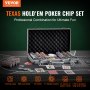 Juego de fichas de póquer VEVOR: estuche de Texas Hold'em con fichas, cartas, dados y botones en una mesa de póquer.