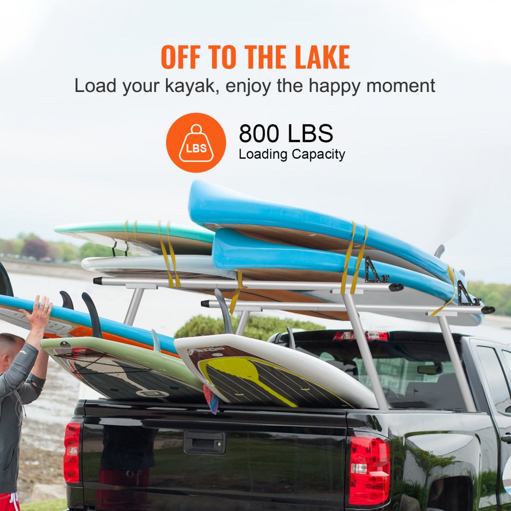 Portaequipajes para camión VEVOR cargado con múltiples kayaks y tablas de surf, capacidad de carga de 800 lb.