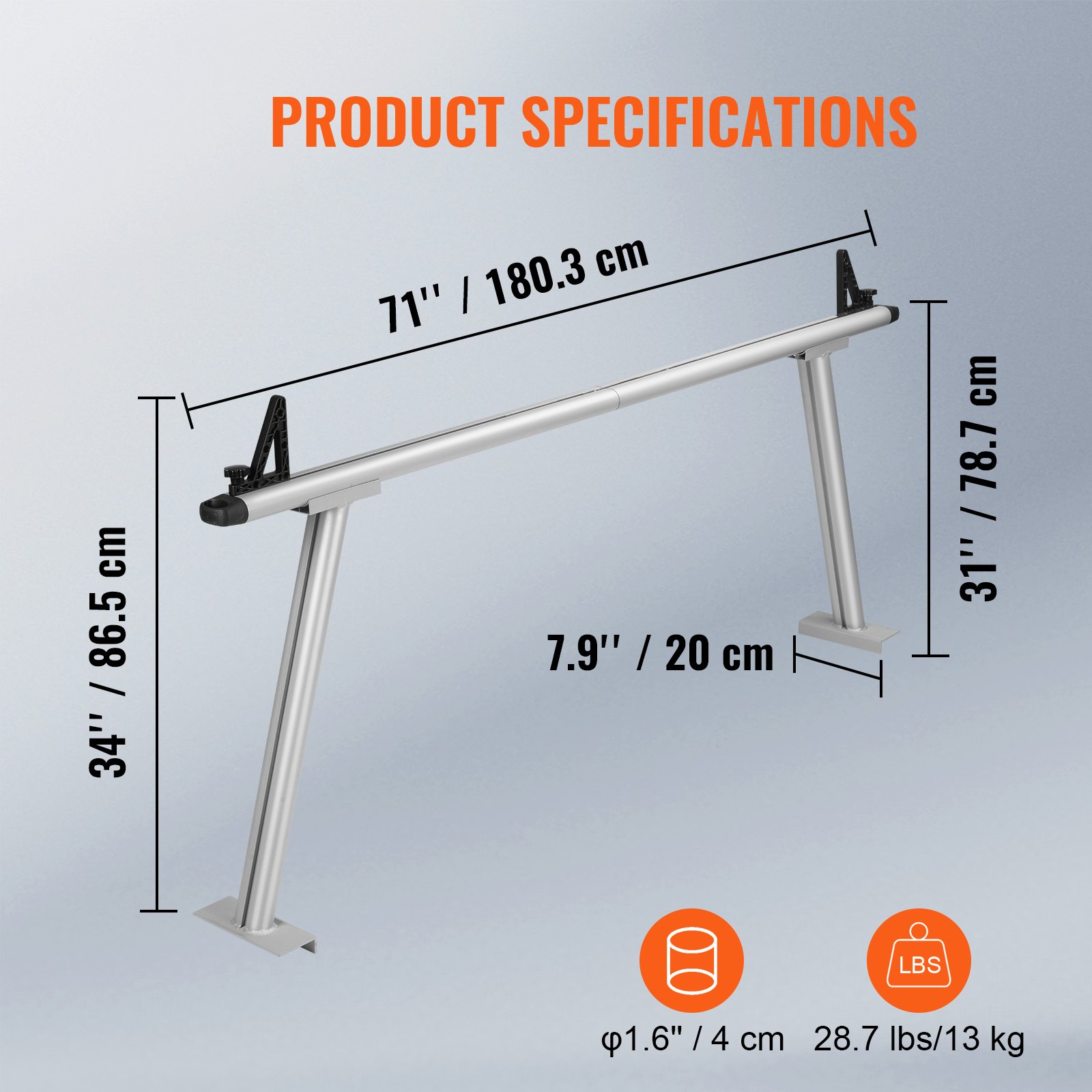 Portaequipajes para camión VEVOR con dimensiones: 71&quot; x 34&quot;, 7,9&quot; de profundidad, 31&quot; de altura, 1,6&quot; de diámetro, 28,7 lbs de peso.
