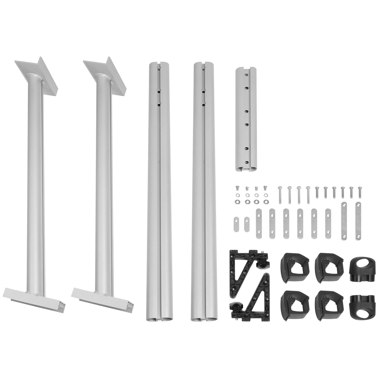 Componentes del portaequipajes para camiones VEVOR que incluyen barras de metal, soportes y tornillos dispuestos de manera organizada.