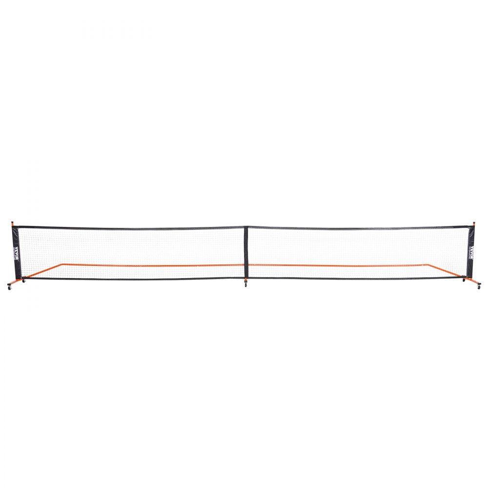 Juego de red de pickleball VEVOR con red negra y marco naranja, perfecto para jugar al aire libre y en interiores.