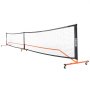 Juego de red de pickleball VEVOR con marco naranja, red negra y ruedas para fácil movilidad.