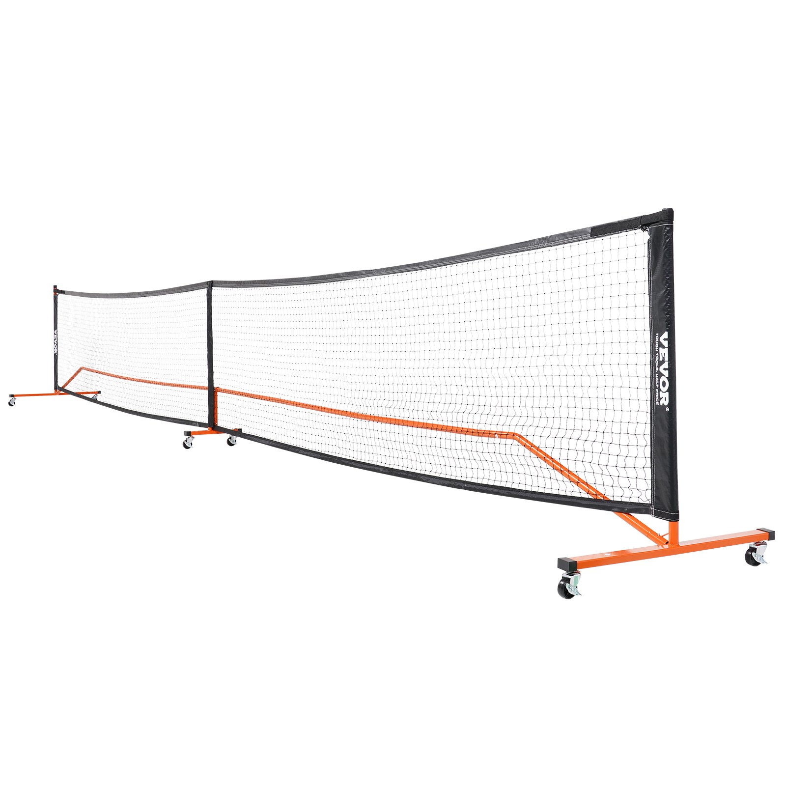 Juego de red de pickleball VEVOR con marco naranja, red negra y ruedas para fácil movilidad.