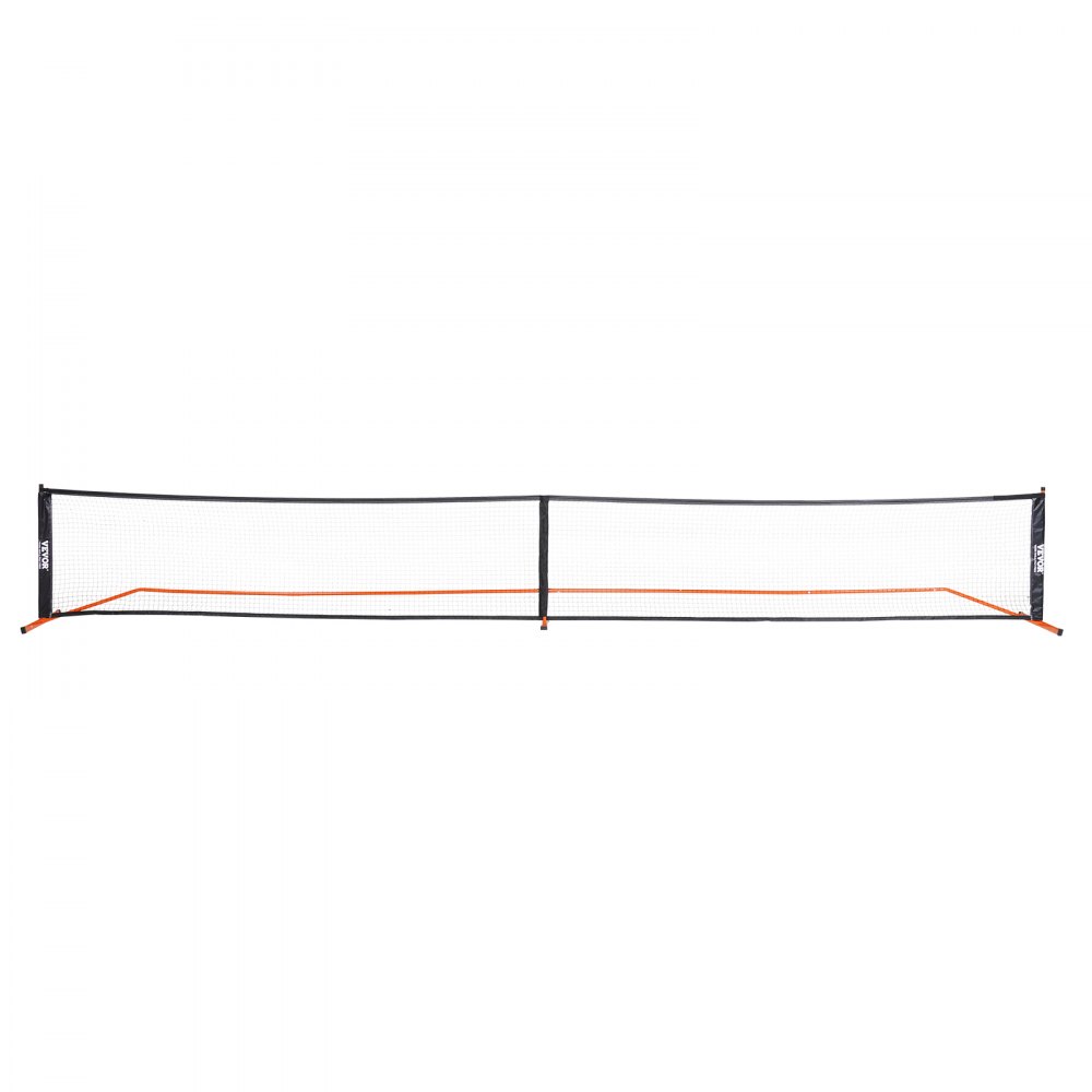 Juego de red de pickleball VEVOR con red negra, marco naranja y postes finales de marca. Ideal para uso en exteriores.