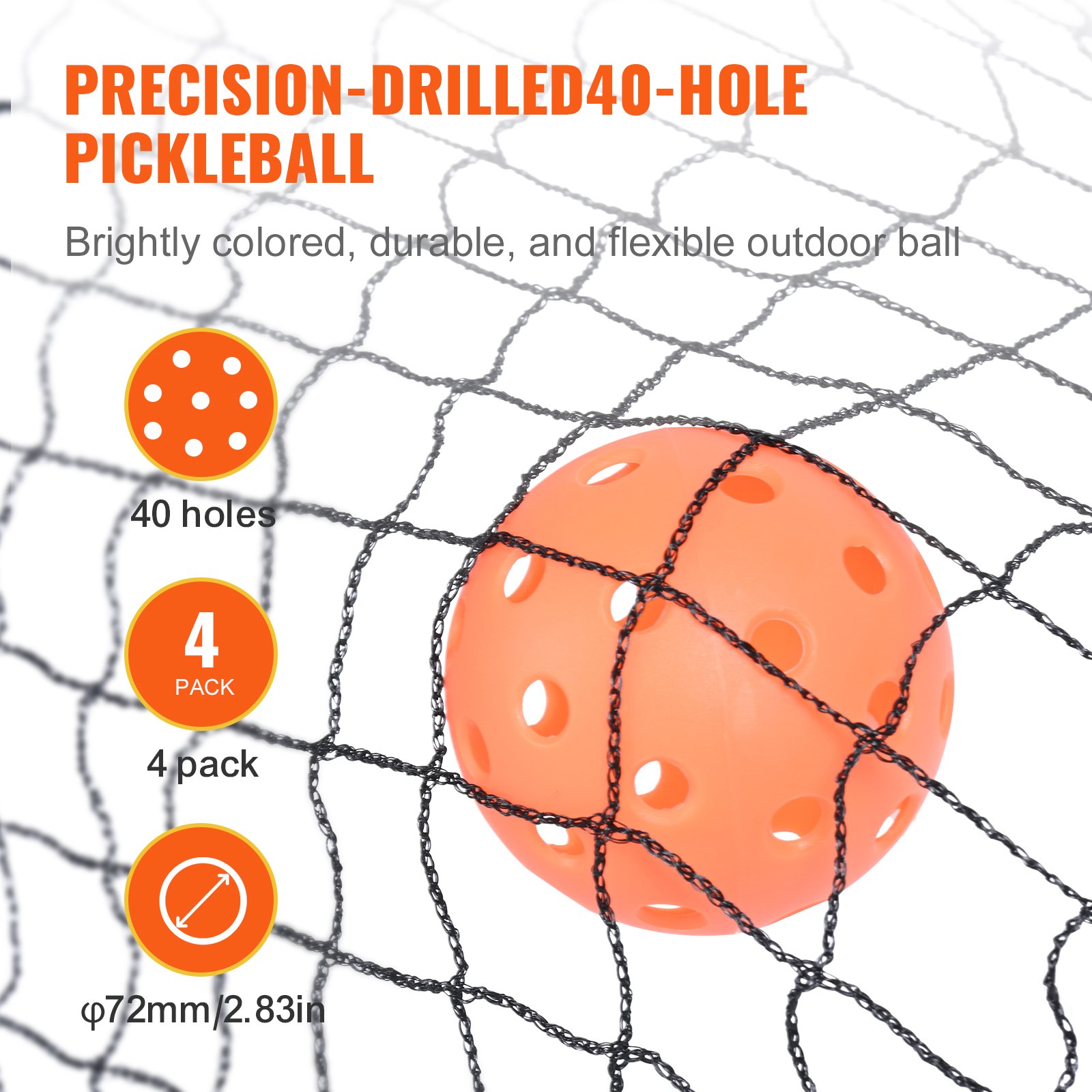 Pickleball naranja con 40 agujeros atrapados en una red negra; &quot;4 pack&quot; y superposición de texto &quot;ø72mm/2.83in&quot;.