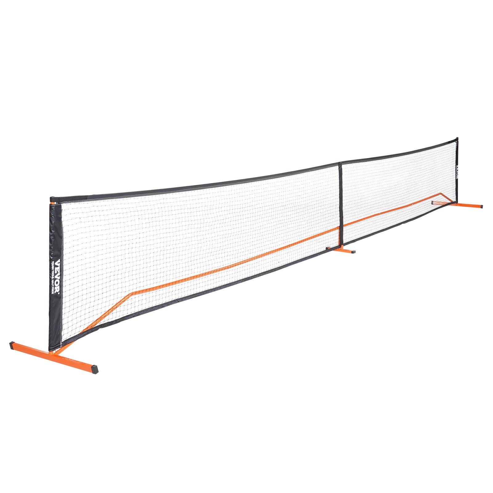 Juego de red de pickleball VEVOR con un marco resistente, red negra y detalles en naranja sobre un fondo blanco.