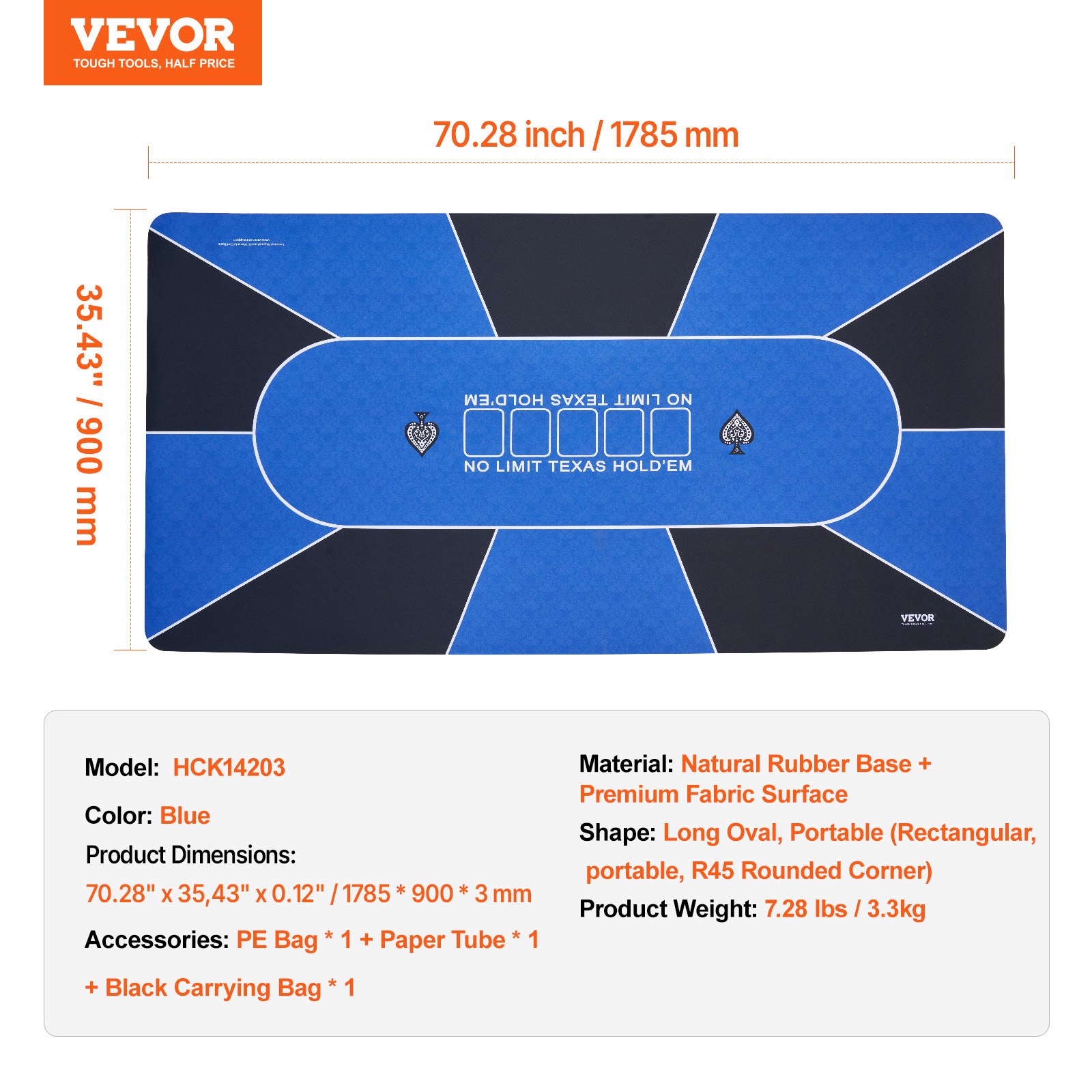 VEVOR - Tapete de póker plegable de 187 x 89 cm para mesa de póker, para 6-8 jugadores, con bolsa de transporte, rectangular, azul