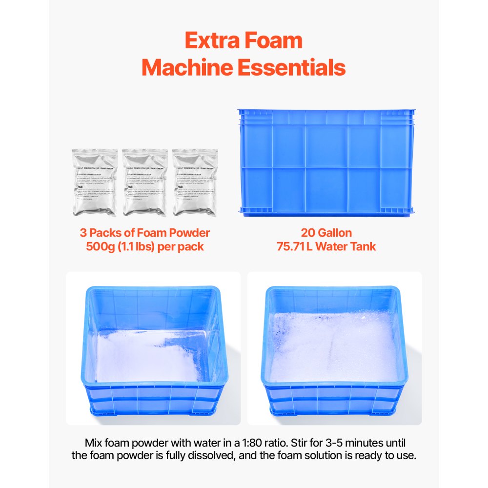 VEVOR Máquina de espuma, cañón de espuma de 1200W, generador de espuma con 3 paquetes de polvo espumante, máquina de espuma para fiestas con depósito de agua de 75 litros, para el jardín, la piscina