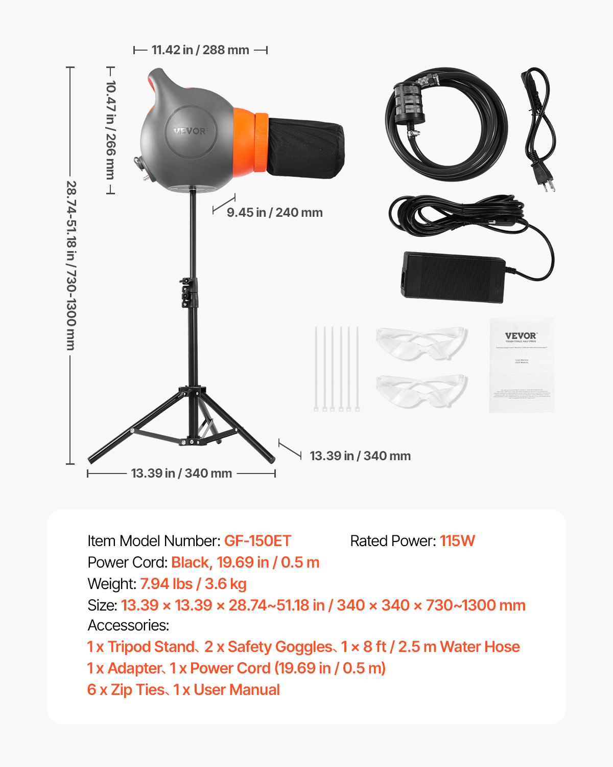 Máquina de espuma VEVOR, cañón de espuma para fiestas de 115 W, portátil con trípode, potente máquina para fiestas de espuma, ideal para patios, piscinas, eventos al aire libre, cumpleaños, celebraciones y fiestas, gris y naranja.