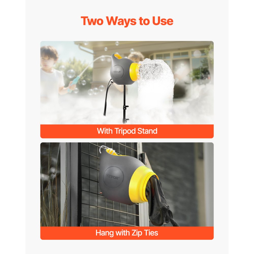Máquina de espuma VEVOR, cañón de espuma para fiestas de 115 W, portátil con trípode, potente máquina para fiestas de espuma, ideal para patios, piscinas, eventos al aire libre, cumpleaños, celebraciones y fiestas, gris y amarillo.