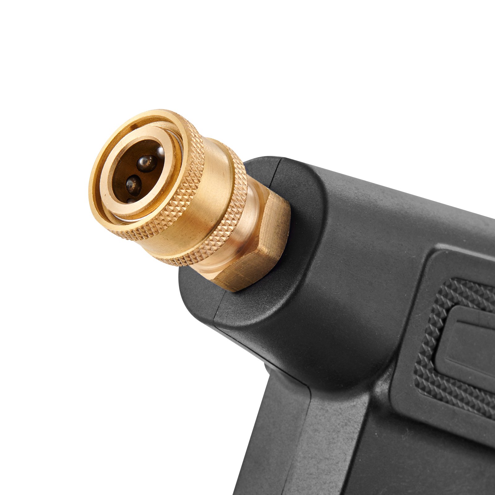 Primer plano de la pistola hidrolavadora VEVOR con conector de latón y mango de agarre negro.