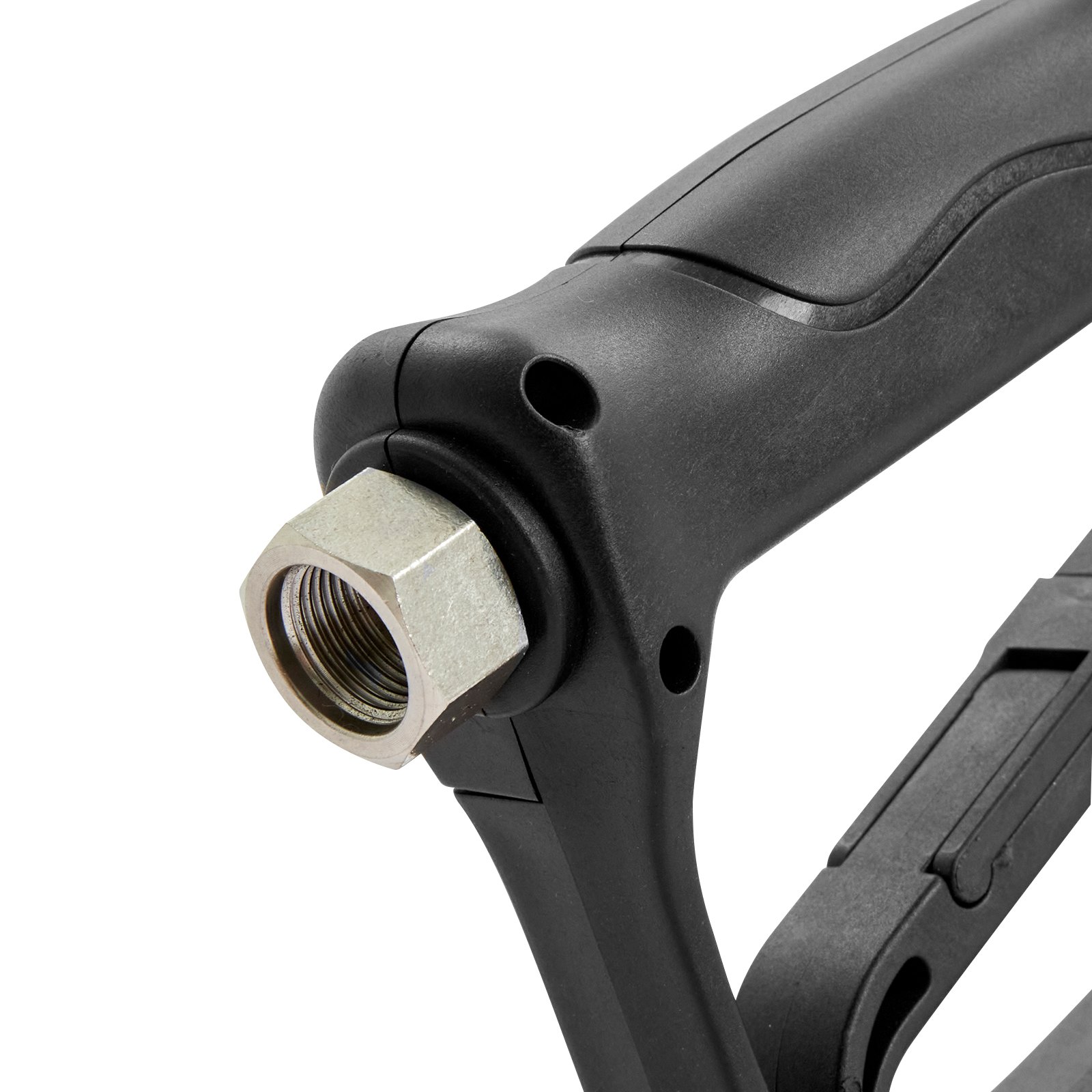 Primer plano de la pistola hidrolavadora VEVOR con mango negro y conector de metal.