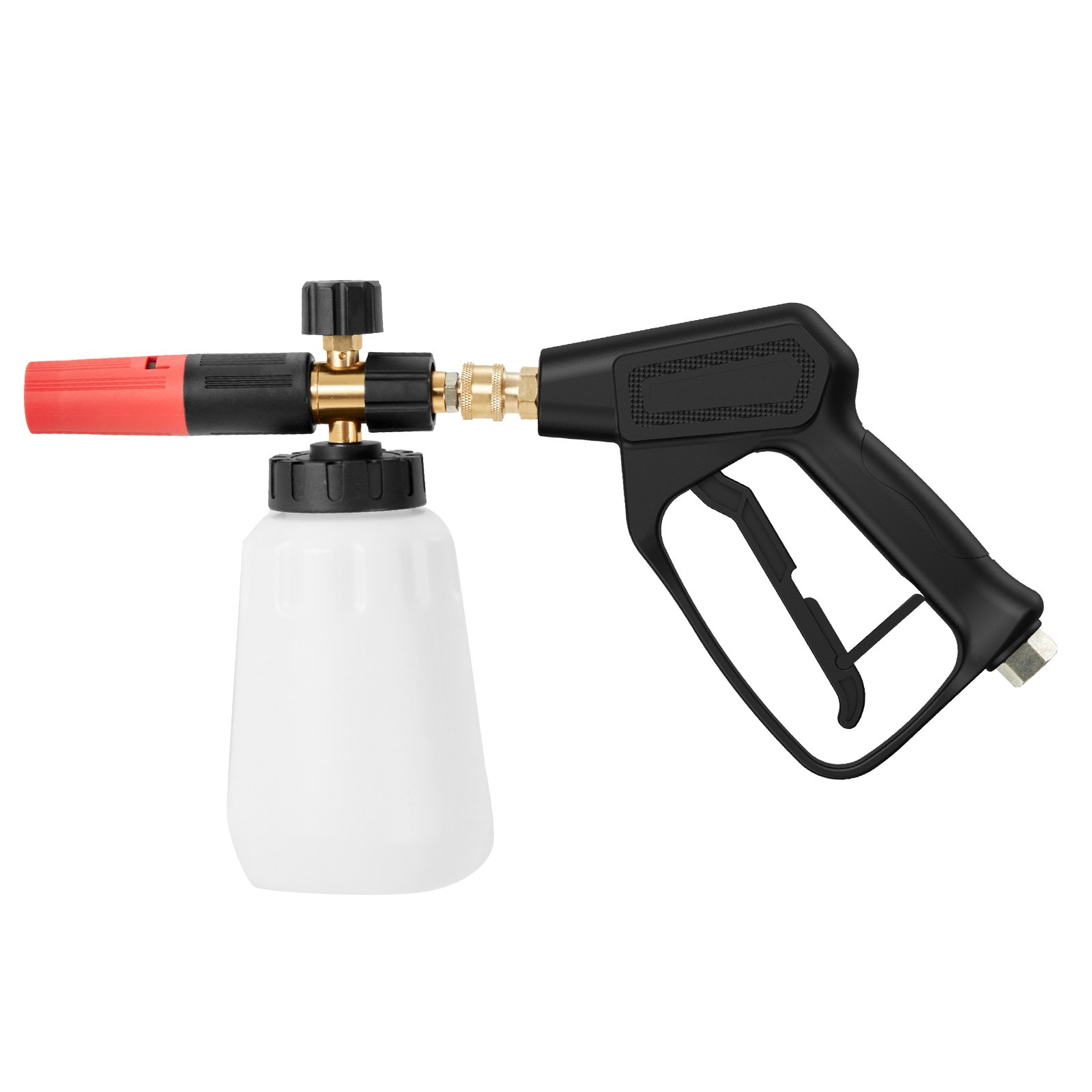 Pistola hidrolavadora VEVOR con mango negro, boquilla roja y tanque de detergente blanco.
