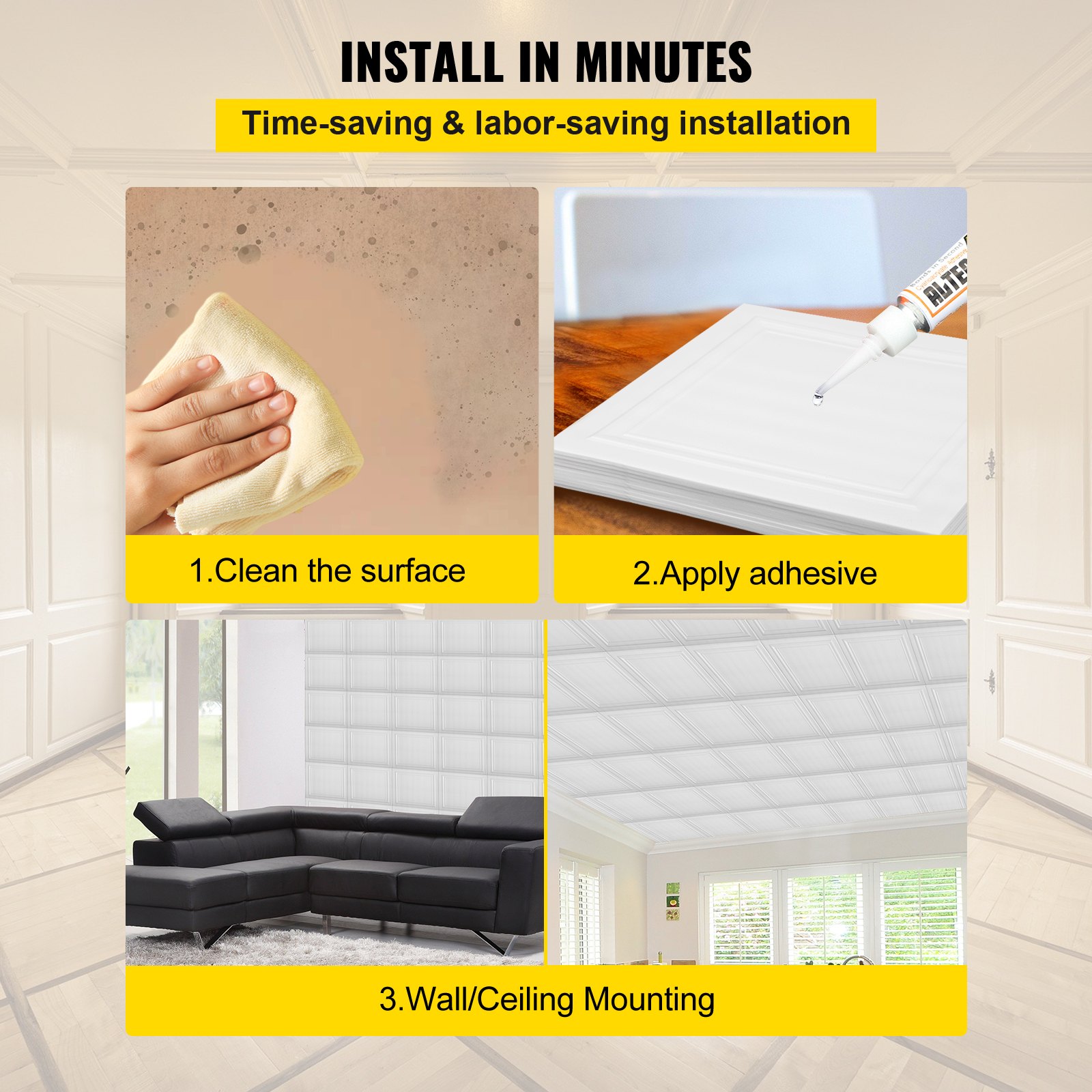 Instalar placas de espuma para techo VEVOR: limpiar la superficie, aplicar adhesivo, montaje en pared o techo.