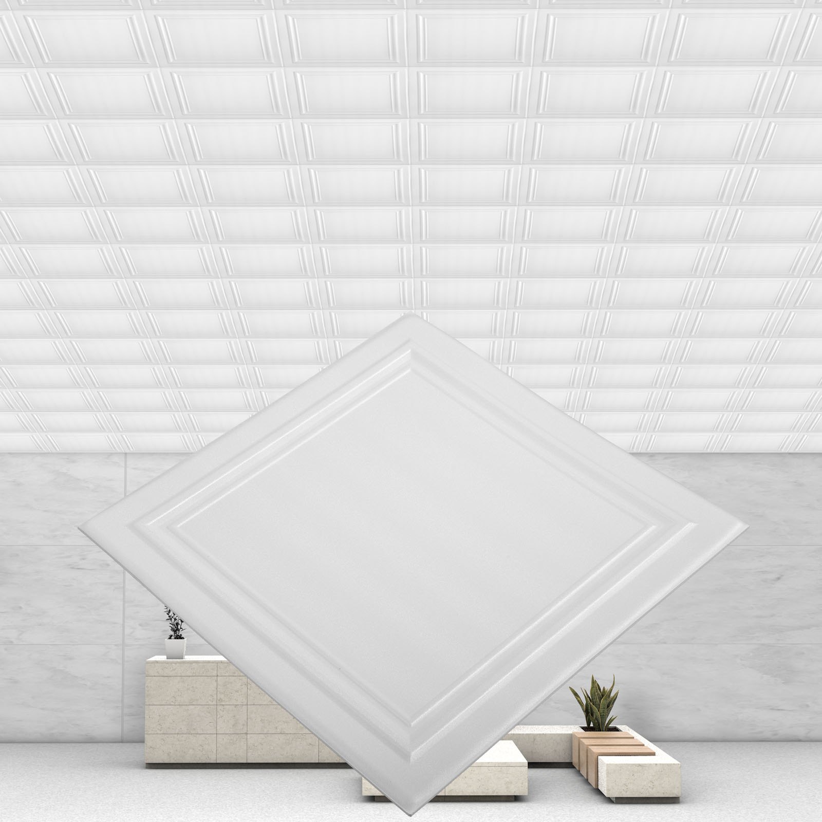 Paneles de techo de espuma VEVOR en un interior moderno con diseño geométrico.