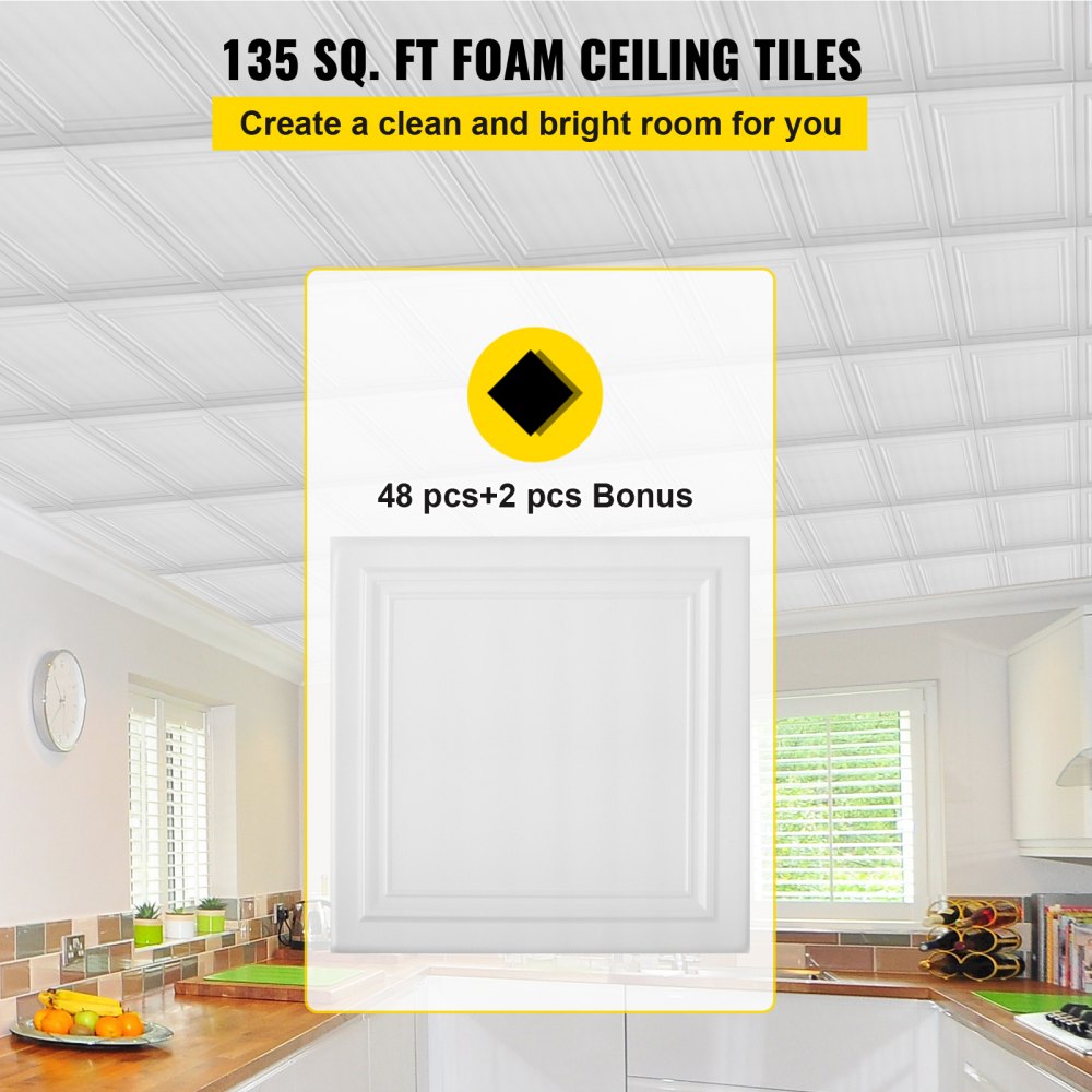VEVOR Paneles de Espuma para Techo, Paneles de Techo Pegables de 50 x 50 cm, 50 Paneles de Techo Livianos, Paneles de Techo para Pintar de 12,5 m², Paquete de Paneles de Techo de 5 mm de Espesor