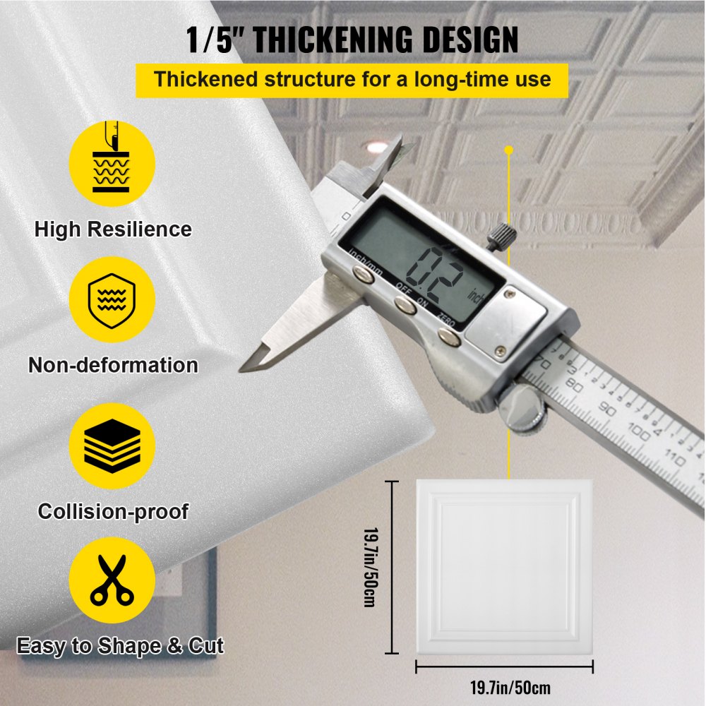 VEVOR Paneles de Espuma para Techo, Paneles de Techo Pegables de 50 x 50 cm, 50 Paneles de Techo Livianos, Paneles de Techo para Pintar de 12,5 m², Paquete de Paneles de Techo de 5 mm de Espesor