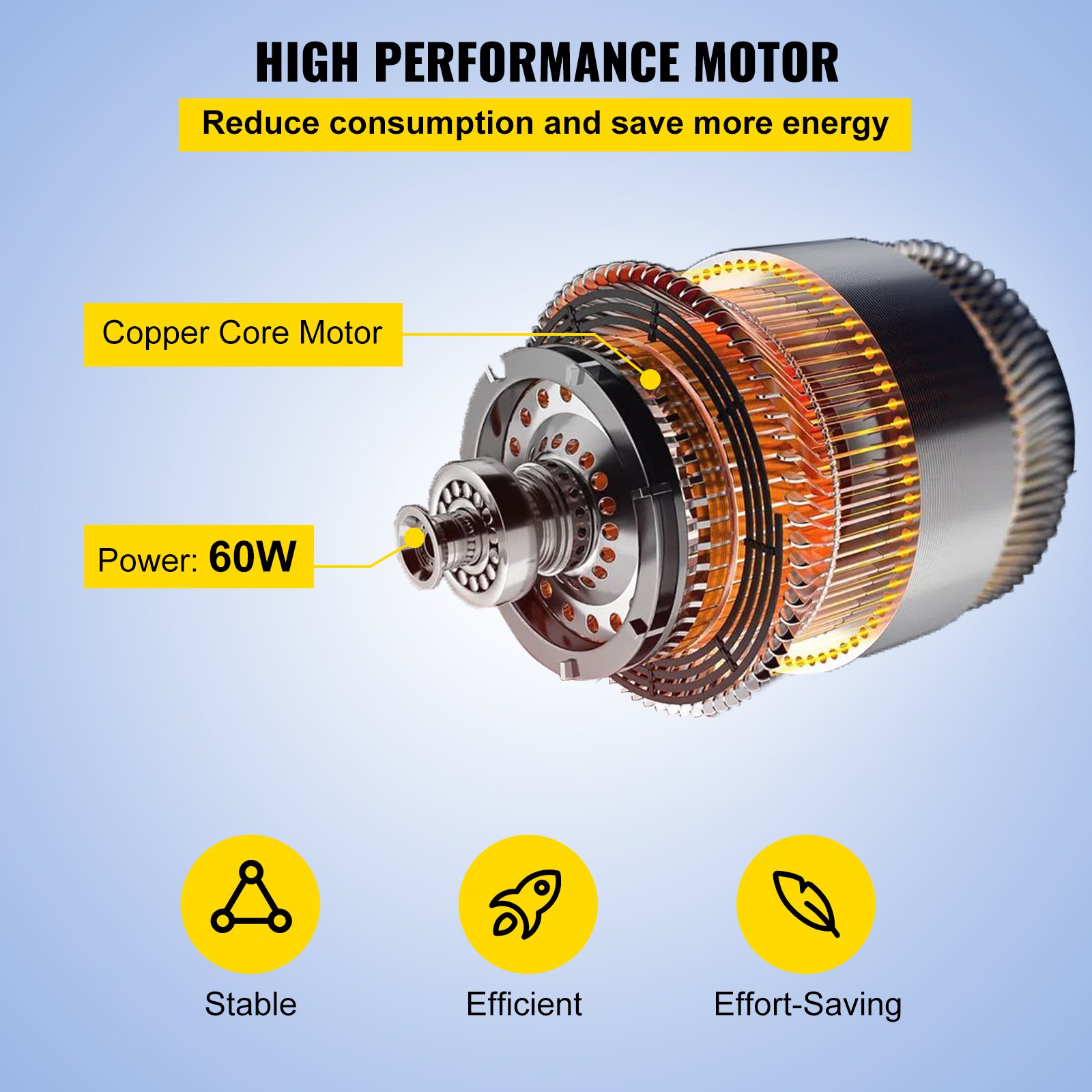 Motor de núcleo de cobre de 60 W de alto rendimiento para transportador de banda VEVOR con diseño eficiente.
