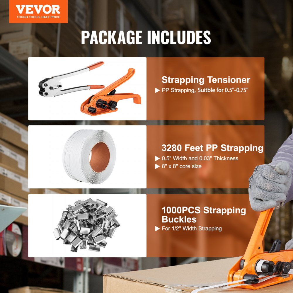 El kit de flejado de bandas VEVOR incluye tensor, fleje de polipropileno de 3280 pies y 1000 hebillas de flejado.