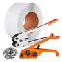 Kit de flejado de bandas VEVOR con rollo de flejado blanco, tensor, sellador y sellos metálicos.