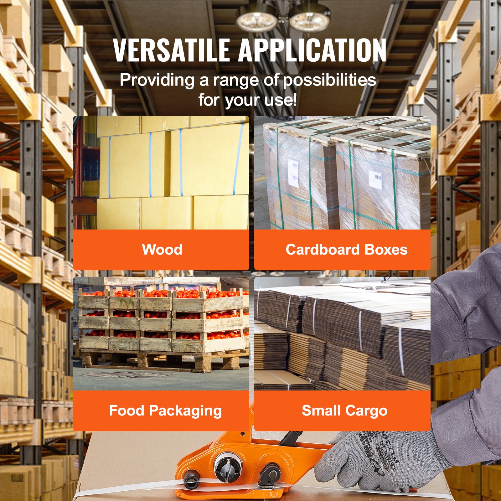 Kit de flejado y bandaje versátil VEVOR utilizado para madera, cajas de cartón, embalajes de alimentos y cargas pequeñas.