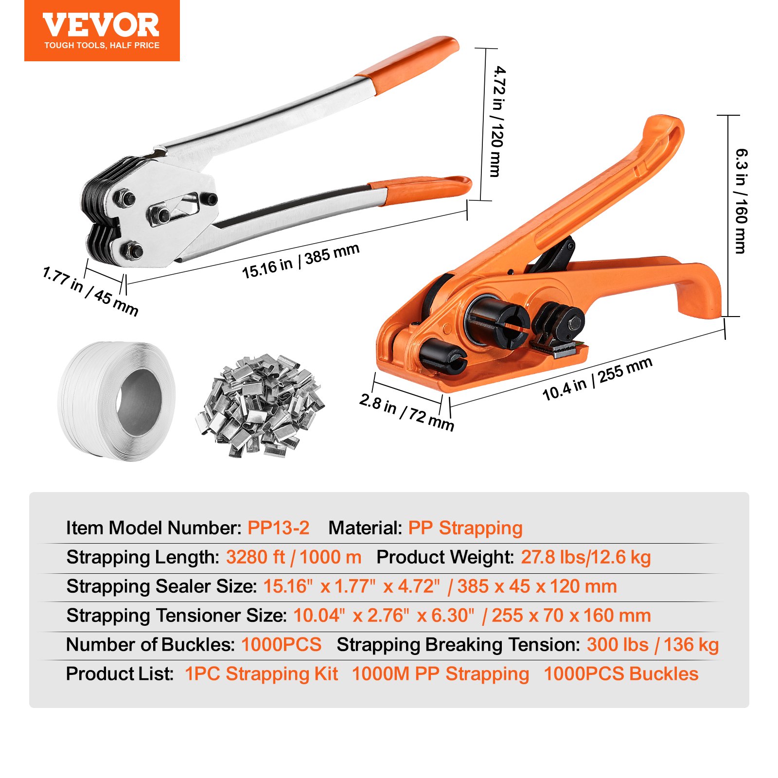 Kit de flejado de bandas VEVOR con flejes de polipropileno, hebillas y herramienta tensora, dimensiones y especificaciones.