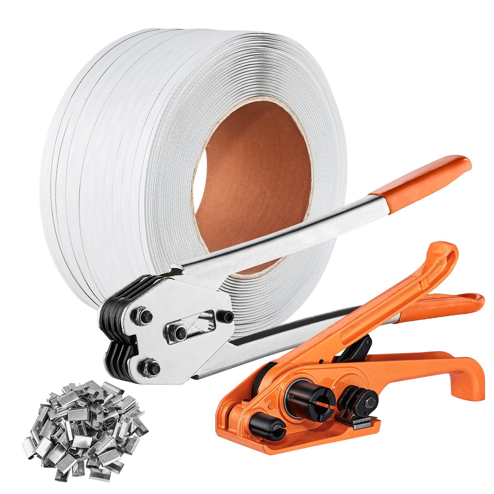Kit de flejado VEVOR con tensor, sellador, rollo de flejado blanco y sellos metálicos.