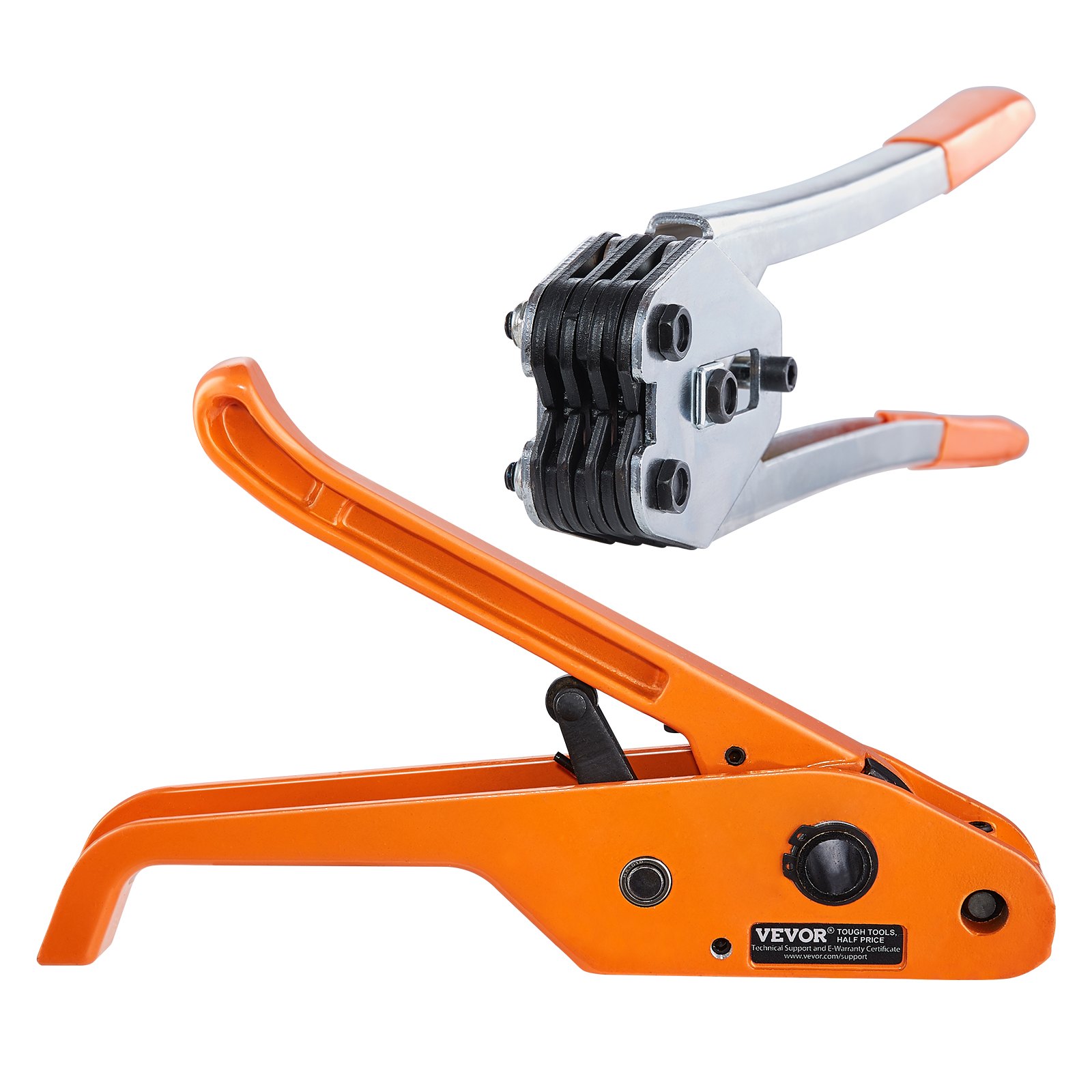Kit de flejado de bandas VEVOR naranja y plateado con herramientas tensoras y selladoras.