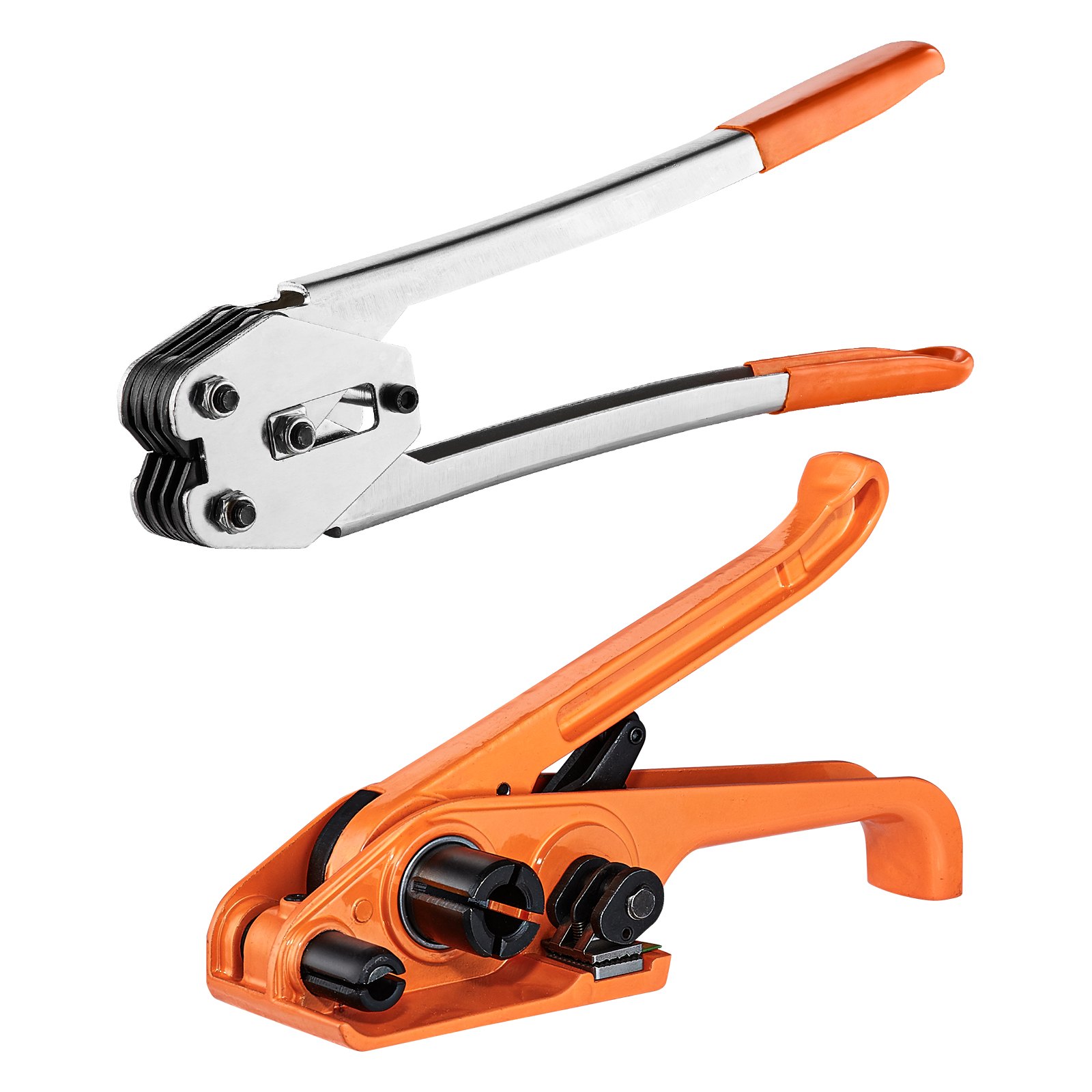 Kit de flejado de bandas VEVOR naranja con herramientas tensoras y selladoras.