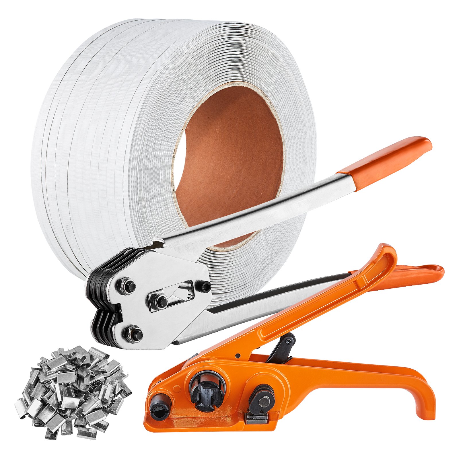 Kit de flejado VEVOR con rollo de fleje blanco, tensor naranja y sellos metálicos.