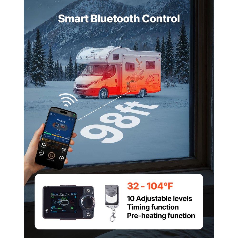 Calentador diésel VEVOR de 8 kW y 12 V CC, todo en uno, portátil, con control por aplicación Bluetooth, mando a distancia y pantalla LCD, depósito de combustible de 1,2 galones para vehículos, furgonetas, autocaravanas, caravanas y garajes.