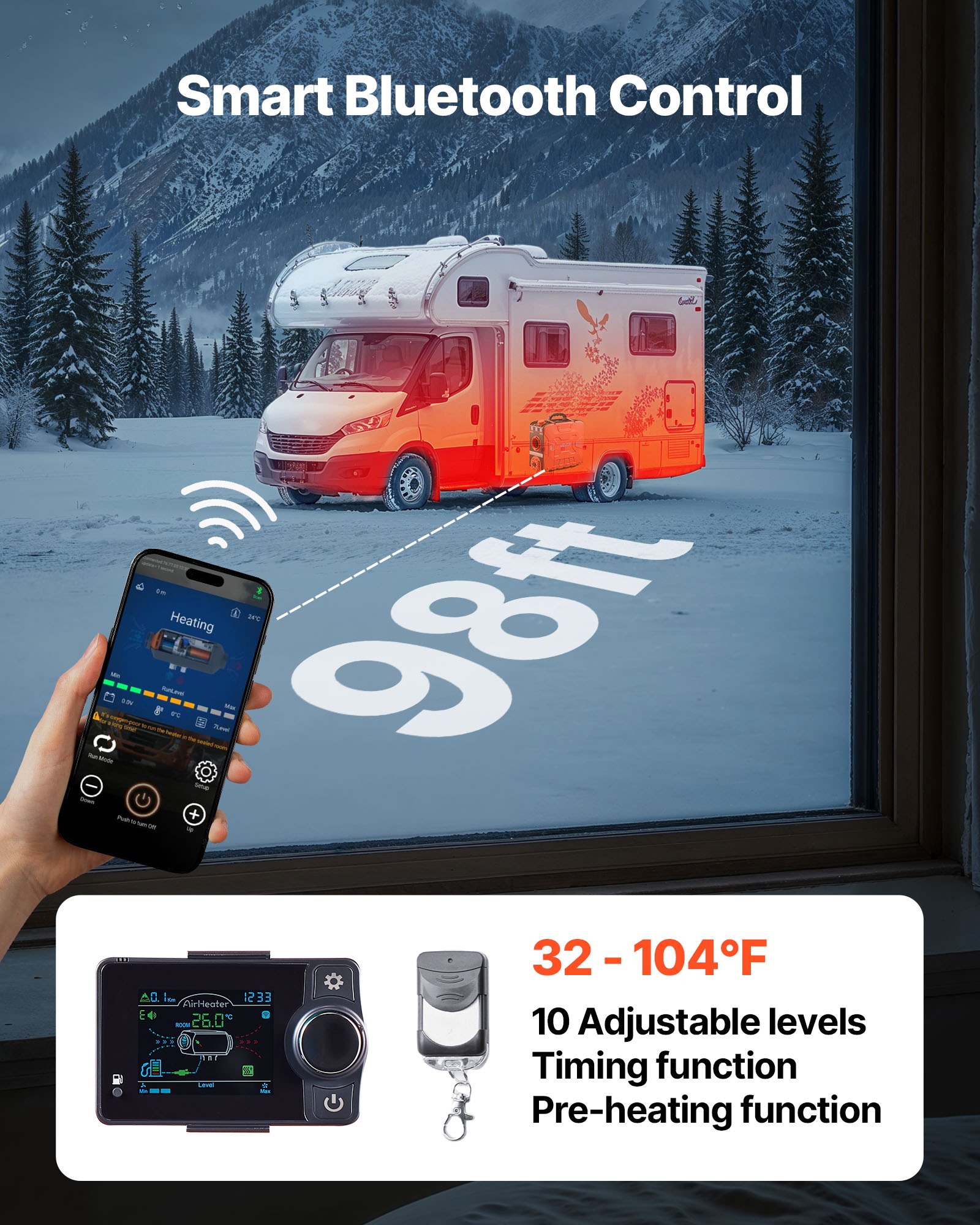 Calentador diésel VEVOR de 8 kW y 12 V CC, todo en uno, portátil, con control por aplicación Bluetooth, mando a distancia y pantalla LCD, depósito de combustible de 1,2 galones para vehículos, furgonetas, autocaravanas, caravanas y garajes.