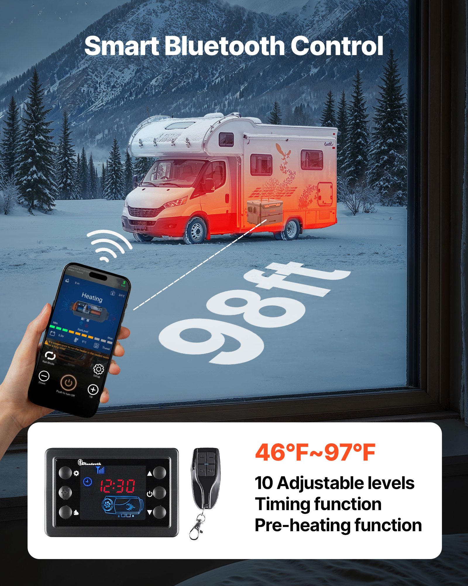 Calefactor diésel VEVOR, 8 kW, 12 V/24 V CC, calefactor de aire diésel portátil todo en uno con control por aplicación Bluetooth, control remoto y pantalla LCD, tanque de combustible de 1,3 galones para camiones, furgonetas, autocaravanas, caravanas y garajes.