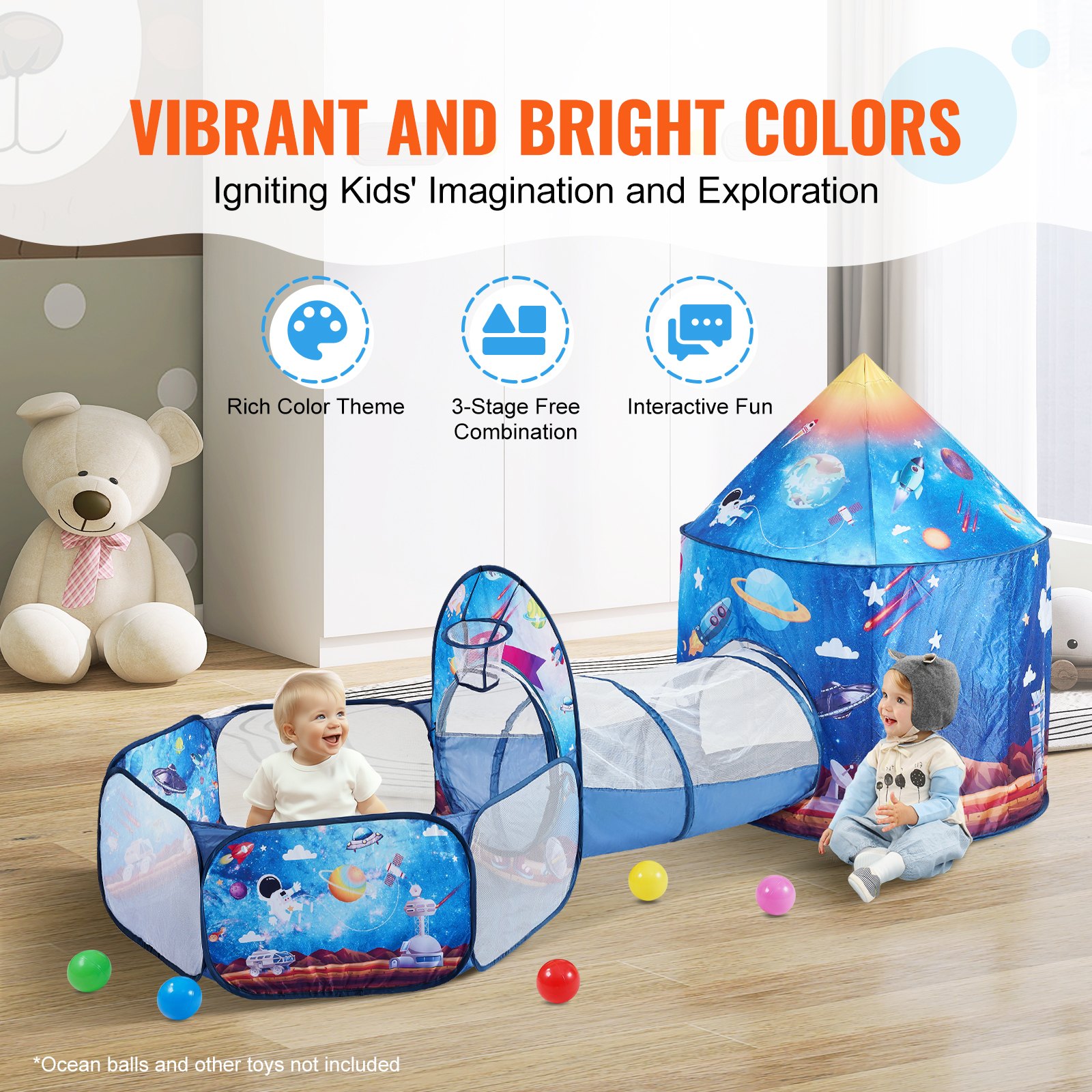 Tienda de campaña infantil VEVOR 3 en 1 con túnel para niños, niñas, bebés y niños pequeños. Casita de juegos plegable para interior/exterior con bolsa de transporte y correas. Ideal como regalo de cumpleaños. Color azul real con diseño de cohete.