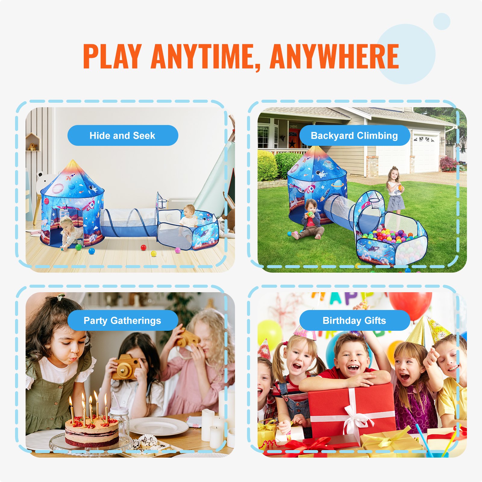 Tienda de campaña infantil VEVOR 3 en 1 con túnel para niños, niñas, bebés y niños pequeños. Casita de juegos plegable para interior/exterior con bolsa de transporte y correas. Ideal como regalo de cumpleaños. Color azul real con diseño de cohete.