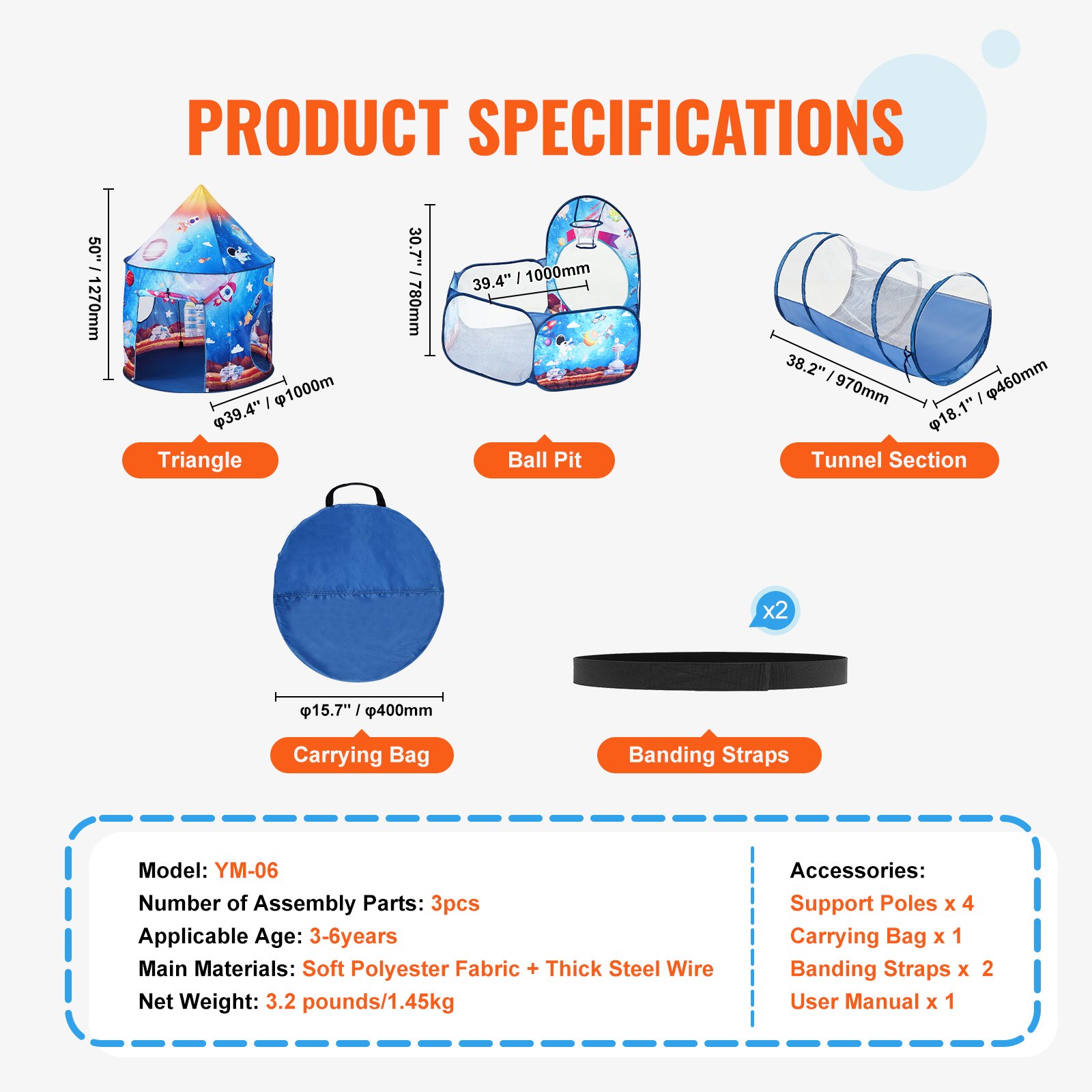 Tienda de campaña infantil VEVOR 3 en 1 con túnel para niños, niñas, bebés y niños pequeños. Casita de juegos plegable para interior/exterior con bolsa de transporte y correas. Ideal como regalo de cumpleaños. Color azul real con diseño de cohete.