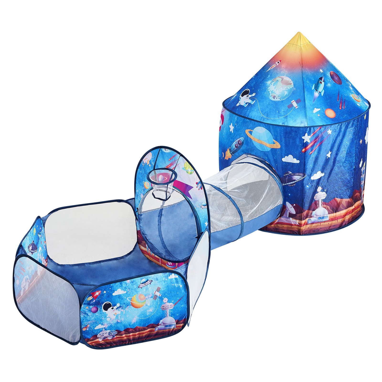 Tienda de campaña infantil VEVOR 3 en 1 con túnel para niños, niñas, bebés y niños pequeños. Casita de juegos plegable para interior/exterior con bolsa de transporte y correas. Ideal como regalo de cumpleaños. Color azul real con diseño de cohete.