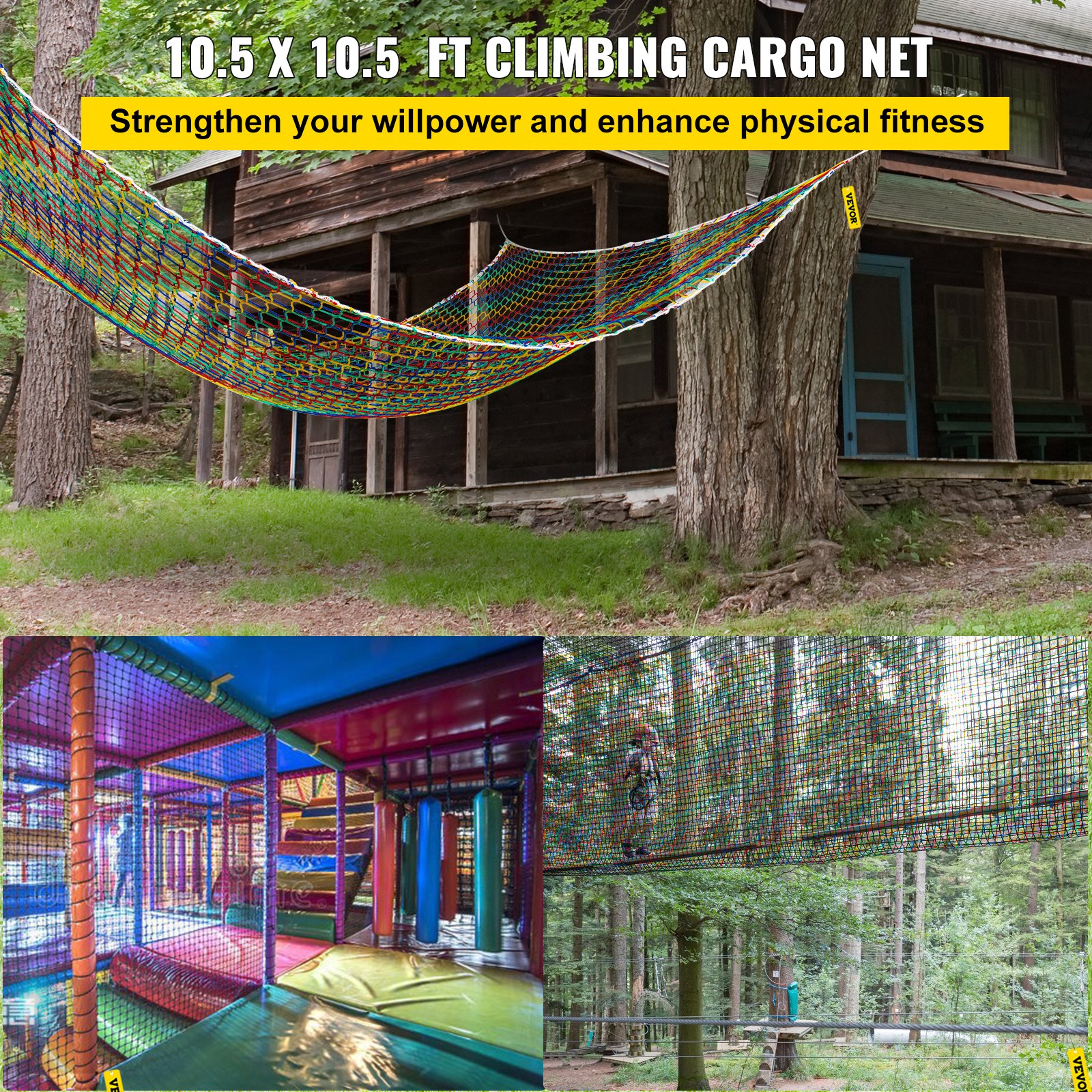 Instalación de red de carga de escalada VEVOR en parques de aventuras al aire libre y en interiores para entrenamiento físico.
