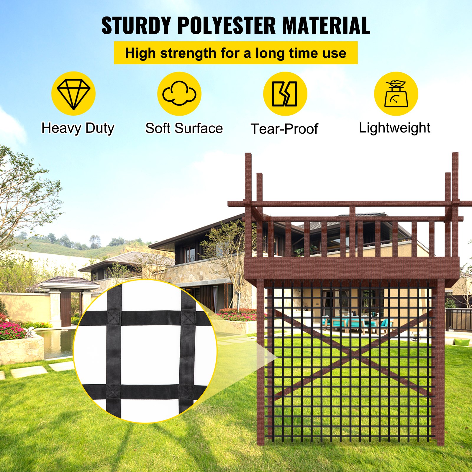 VEVOR Red de Carga para Escalada de 12' x 12', Escalera de Cuerda, Columpio, Red de Carga para Escalada de Poliéster para Patio de Juegos, Red de Carga Militar Grande para Escalada, Color Negro