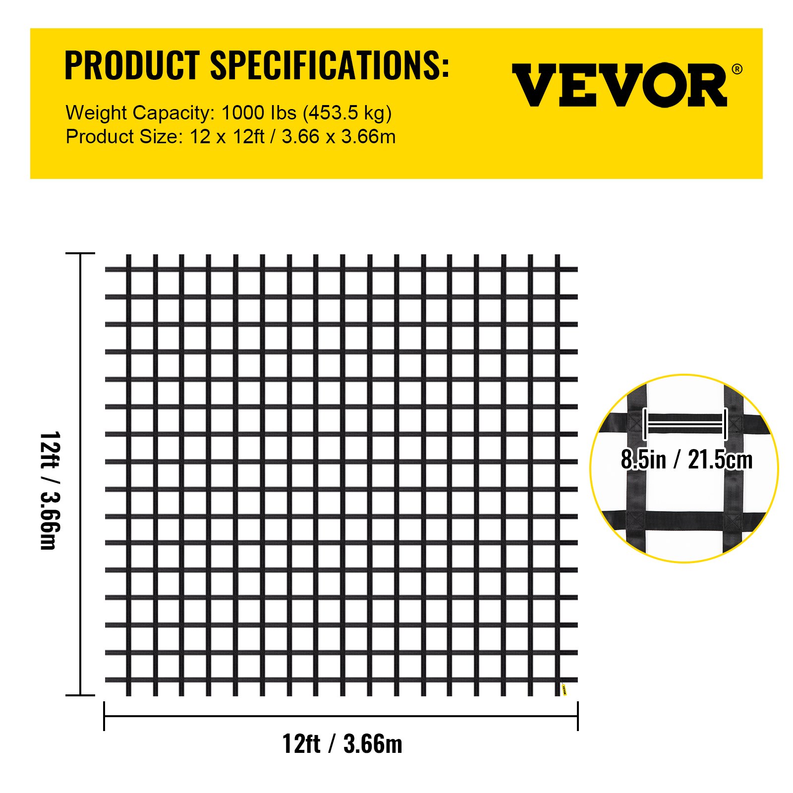 VEVOR Red de Carga para Escalada de 12' x 12', Escalera de Cuerda, Columpio, Red de Carga para Escalada de Poliéster para Patio de Juegos, Red de Carga Militar Grande para Escalada, Color Negro