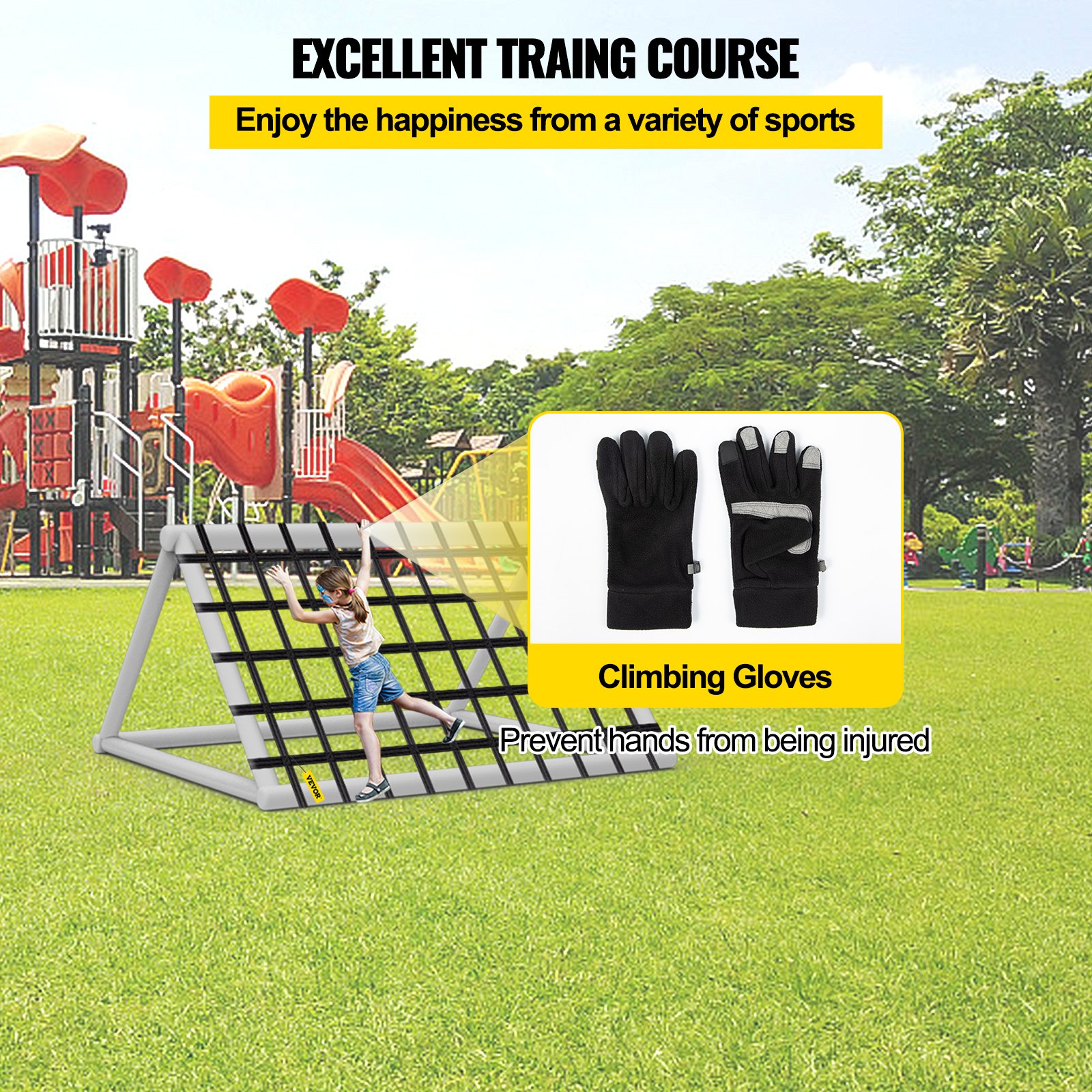 Red de carga para escalada VEVOR, red de escalada para patio de juegos de 8' x 4', material de poliéster, escalera de cuerda, columpio, red de carga militar grande para escalada para niños y adultos, interior y exterior, casa del árbol, gimnasio de la selva, negro