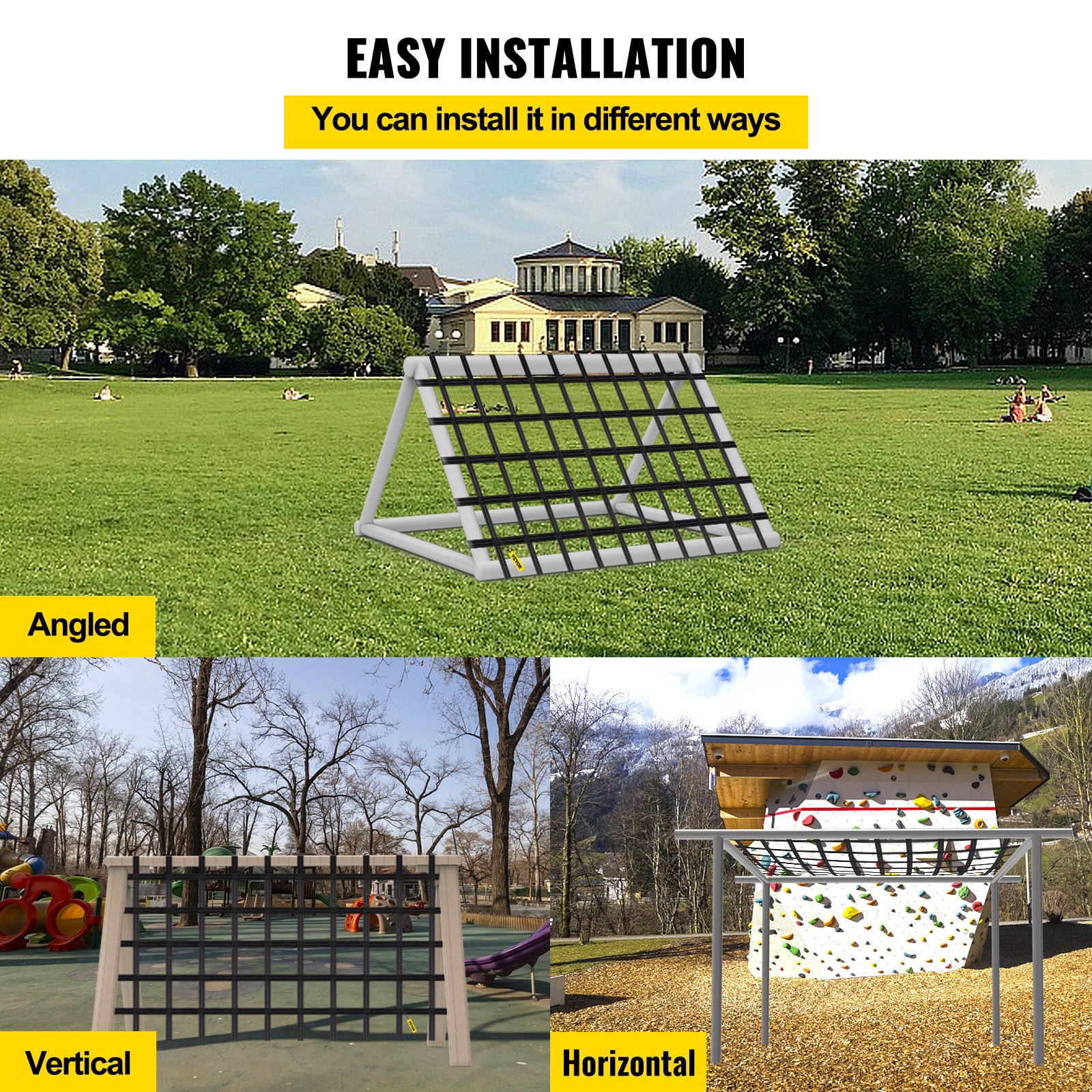 Red de carga para escalada VEVOR, red de escalada para patio de juegos de 8' x 4', material de poliéster, escalera de cuerda, columpio, red de carga militar grande para escalada para niños y adultos, interior y exterior, casa del árbol, gimnasio de la selva, negro