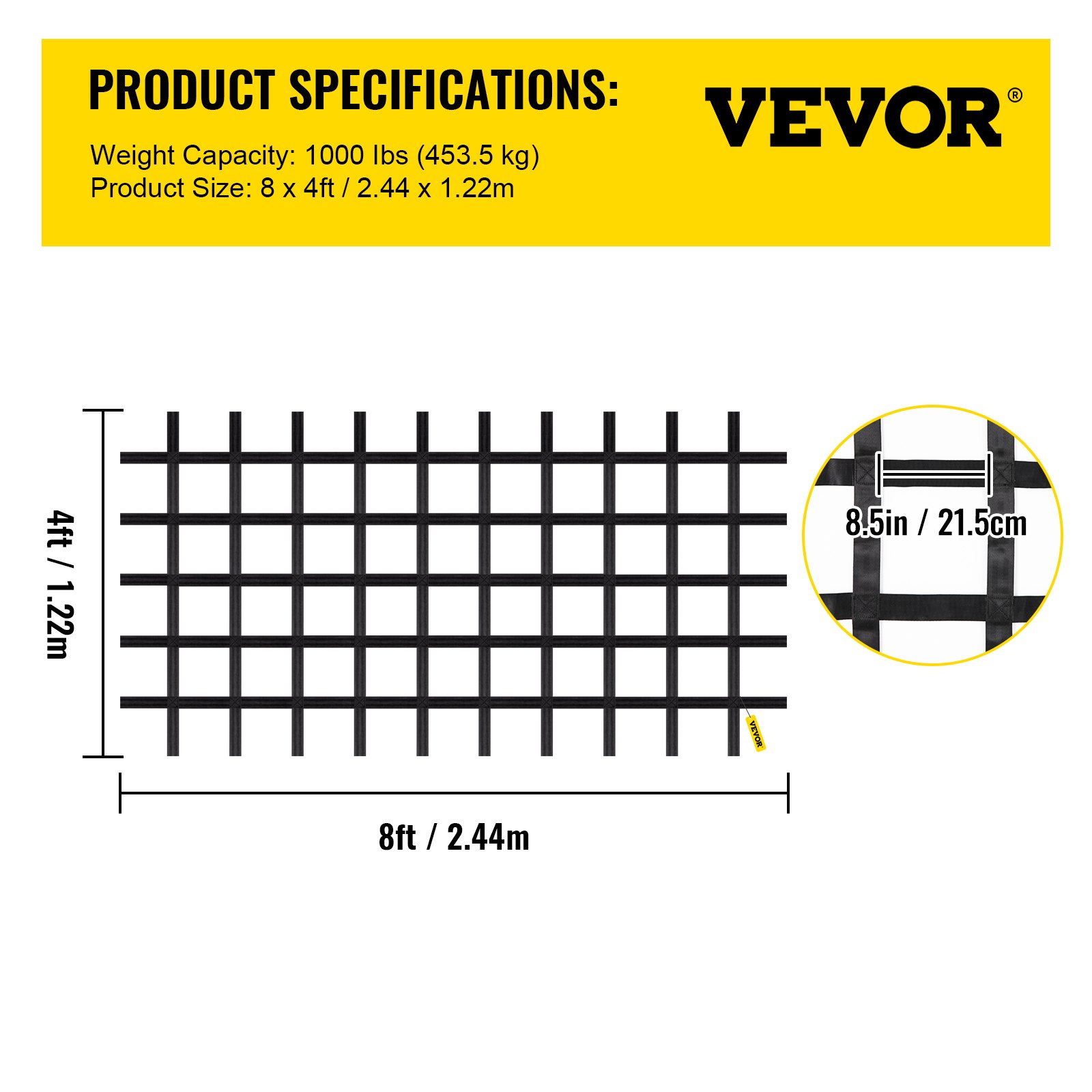 Red de carga para escalada VEVOR, red de escalada para patio de juegos de 8' x 4', material de poliéster, escalera de cuerda, columpio, red de carga militar grande para escalada para niños y adultos, interior y exterior, casa del árbol, gimnasio de la selva, negro