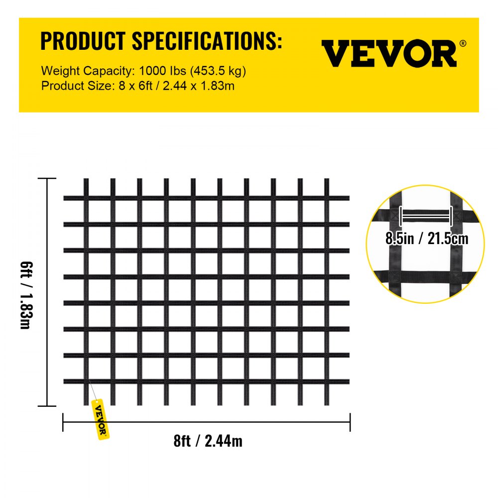VEVOR Red de Carga para Escalada de 8' x 6', Escalera de Cuerda, Columpio, Red de Carga para Escalada de Poliéster para Patio de Juegos, Red de Carga Militar Grande para Escalada, Color Negro