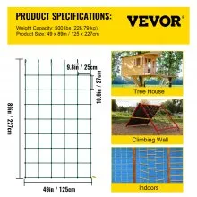 Red de carga para escalada VEVOR, red de escalada de 49 x 77 pulgadas, red de carga para escalada de poliéster, escalera de cuerda, columpio, red de carga militar grande para escalada para niños y adultos, interior y exterior, casa del árbol, verde