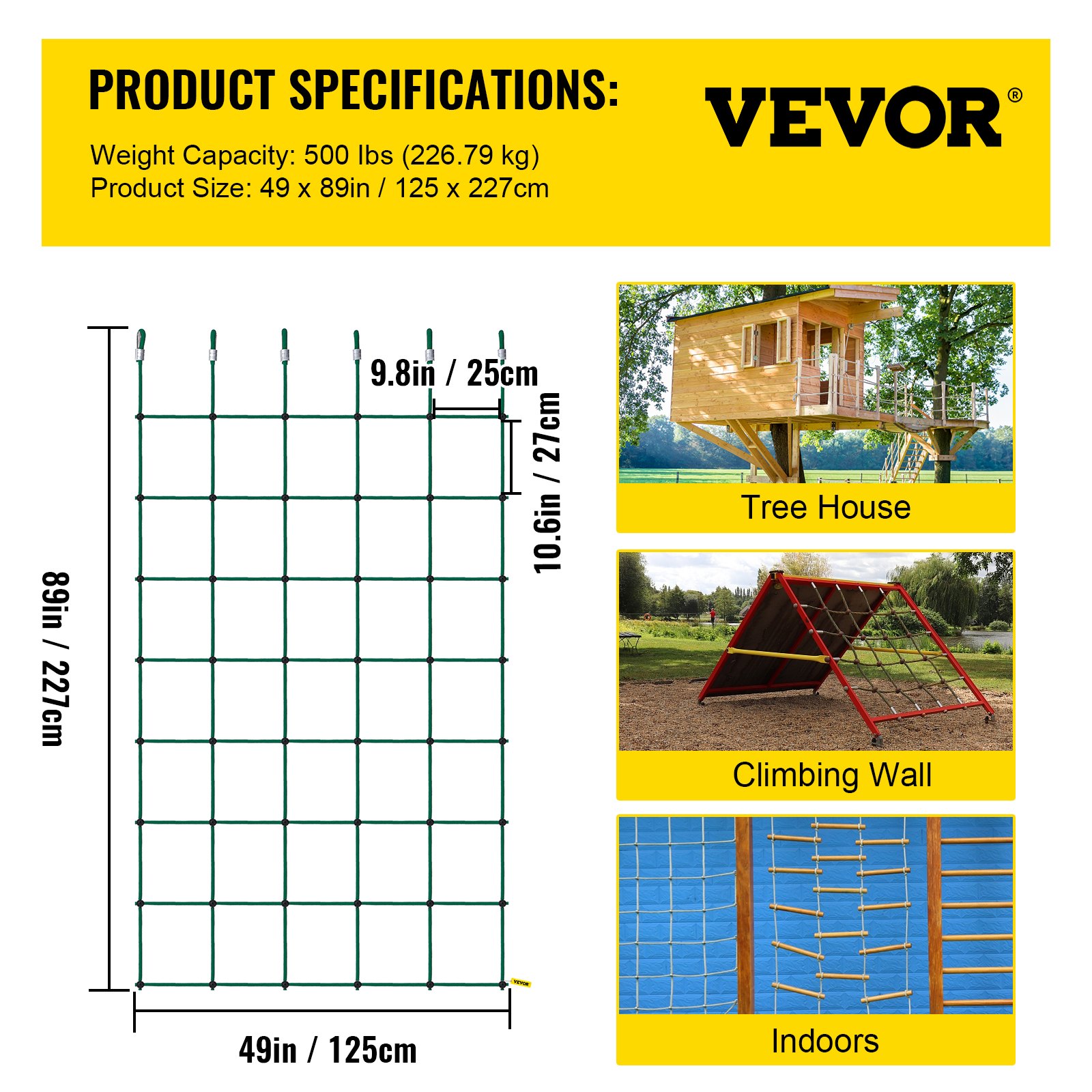 Red de carga para escalada VEVOR, 125 x 195 cm, red de carga de poliéster para juegos infantiles, escalera de cuerda, columpio, red de carga militar grande para escalada para niños y adultos, interior y exterior, casa del árbol, verde