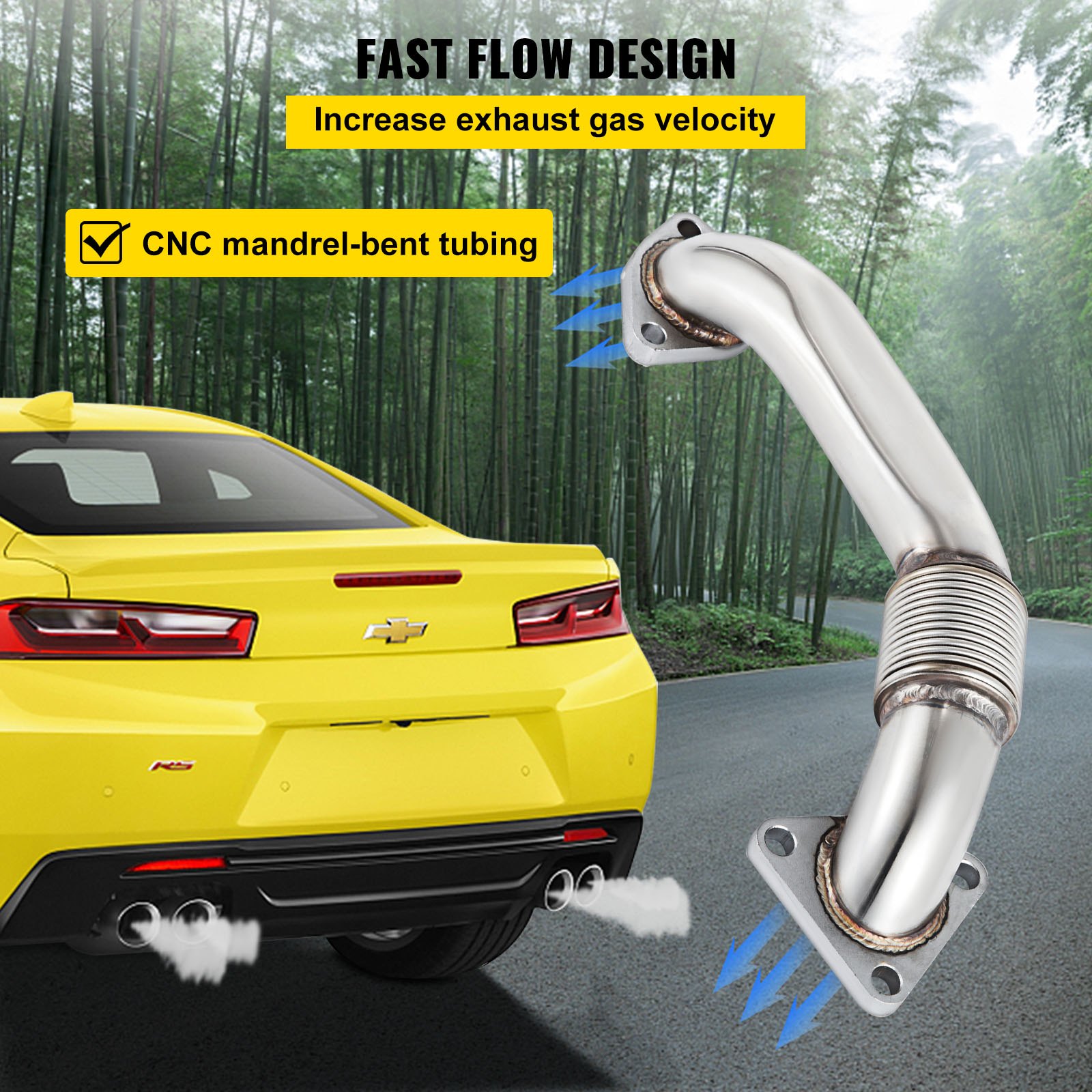 Tubo ascendente VEVOR duramax con tubo doblado con mandril CNC en un automóvil amarillo para un diseño de flujo rápido.