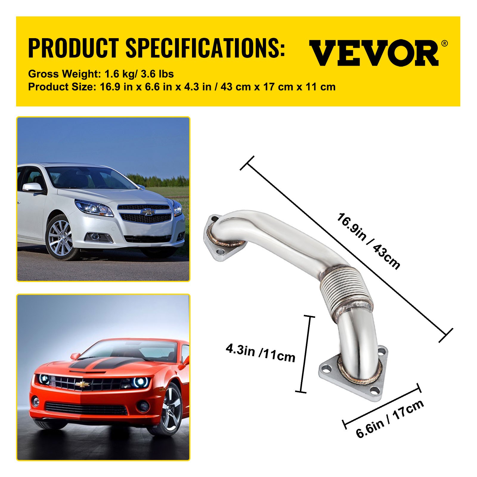 Tubo ascendente VEVOR duramax con especificaciones e imágenes de dos autos chevrolet